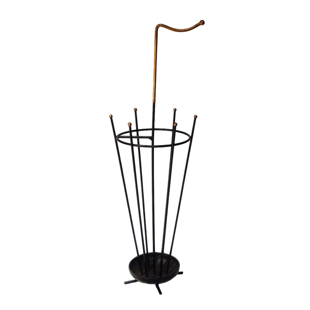 Porte-parapluies vintage design 1950-1960 en fer laqué noir et laiton