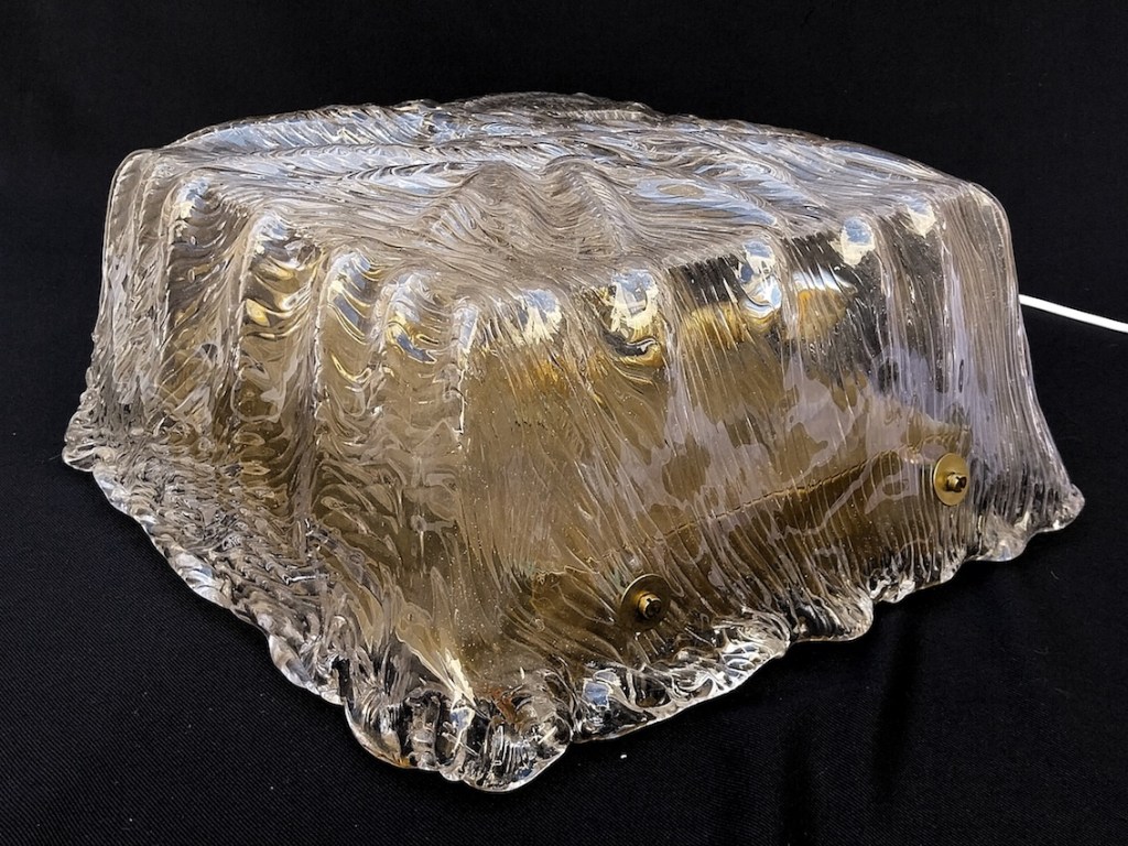 Lámpara de techo vintage italiana cuadrada cristal prensado texturizado metal 1960.